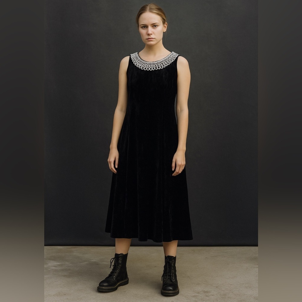 Vtg Black Velvet Maxi Dress Women’s Med Pearl Collar Goth Whimsigoth 90s Dark